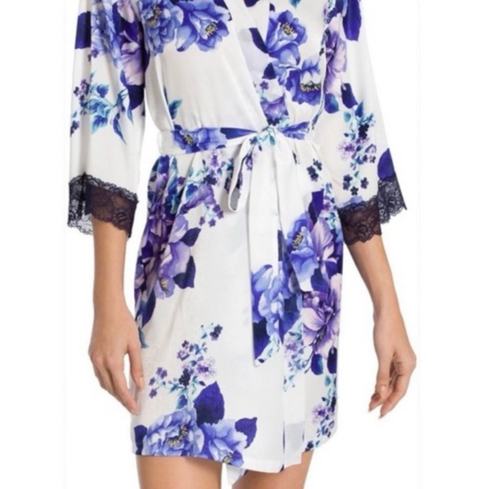 Floral Kimono Robe with Lace Trim